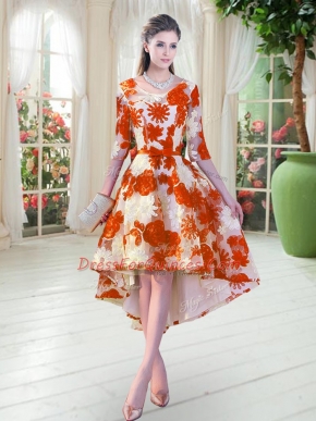 Decent Orange Red Lace Lace Up Scoop Half Sleeves High Low Prom Party Dress Belt