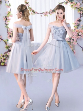 Lace and Belt Dama Dress for Quinceanera Grey Lace Up Sleeveless Knee Length