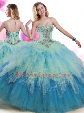 Tulle Sleeveless Floor Length Quinceanera Gowns and Beading and Ruffles