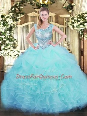 Aqua Blue Sleeveless Floor Length Beading and Ruffles and Pick Ups Lace Up 15th Birthday Dress