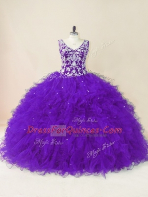 Tulle Sleeveless Floor Length Sweet 16 Quinceanera Dress and Beading and Ruffles