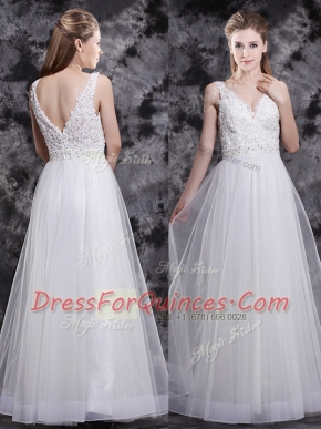 Low Price White V-neck Zipper Beading and Appliques Prom Party Dress Sleeveless