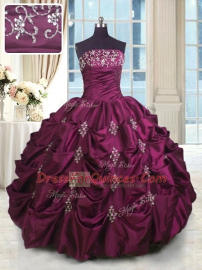 Burgundy Strapless Neckline Beading and Appliques and Embroidery and Pick Ups Vestidos de Quinceanera Sleeveless Lace Up