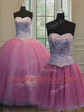 Wonderful Three Piece Rose Pink Sweetheart Neckline Beading Quince Ball Gowns Sleeveless Lace Up