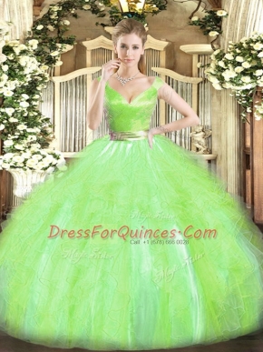Yellow Green Ball Gowns V-neck Sleeveless Tulle Floor Length Zipper Beading and Ruffles Quinceanera Dresses
