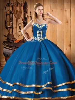 Glittering Embroidery Ball Gown Prom Dress Blue Lace Up Sleeveless Floor Length