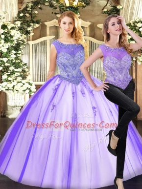 Noble Lavender Two Pieces Tulle Scoop Sleeveless Beading Floor Length Zipper Sweet 16 Quinceanera Dress