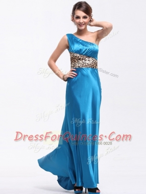 One Shoulder Baby Blue Sleeveless Elastic Woven Satin Side Zipper Prom Evening Gown for Prom and Party