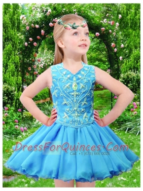 Unique Fashions A line V-neck Tea-length Beading Aqua Blue Little Girl Dress for 2014
