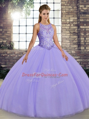 Fantastic Lavender Ball Gowns Embroidery Ball Gown Prom Dress Lace Up Tulle Sleeveless Floor Length