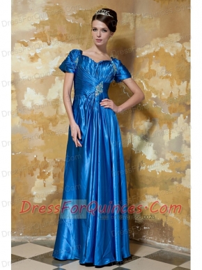 Prom Dress Blue Empire V-neck Floor-length Taffeta Beading