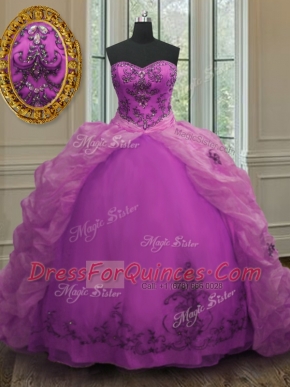 Sweetheart Sleeveless 15th Birthday Dress With Train Court Train Beading and Appliques and Pick Ups Fuchsia Organza