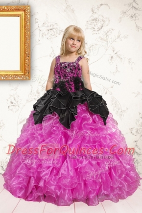 Black and Hot Pink Organza Lace Up Straps Sleeveless Floor Length Child Pageant Dress Beading and Ruffles