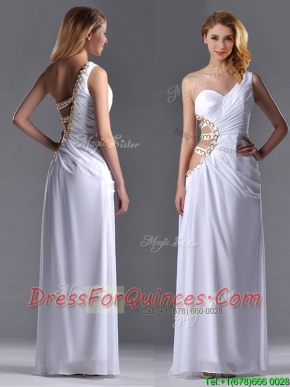 Beautiful Cut Out Waist One Shoulder White Prom Dress with Beading