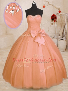Fabulous Orange Tulle Lace Up 15 Quinceanera Dress Sleeveless Floor Length Beading and Bowknot