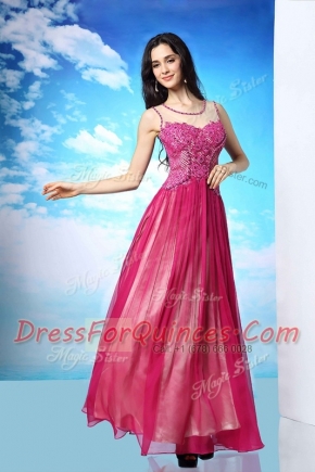 Elegant Scoop Fuchsia Chiffon Side Zipper Prom Gown Sleeveless Floor Length Beading