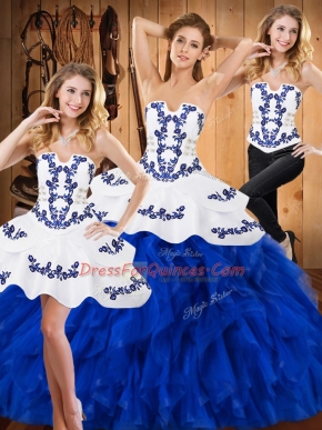 Blue And White Sleeveless Satin and Organza Lace Up Quince Ball Gowns for Military Ball and Sweet 16 and Quinceanera