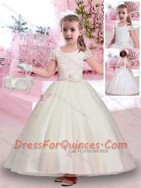 Latest Scoop Short Sleeves Belted Adorable Little Girl Pageant Dress in Lace and Tulle
