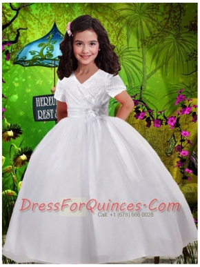 Simple Ball Gown V-neck Ruching Flower Girl Dress with Short Sleeves
