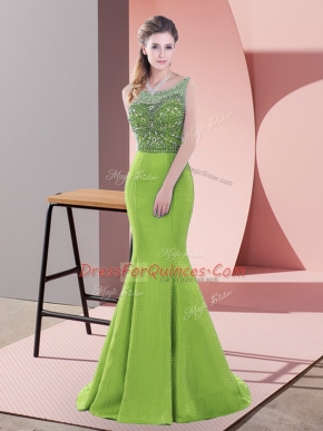 Satin Scoop Sleeveless Sweep Train Lace Up Beading and Lace Party Dresses in Green