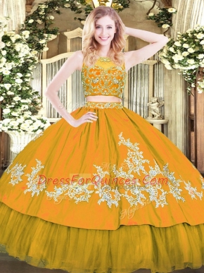 Glittering Gold Scoop Neckline Beading and Appliques Quince Ball Gowns Sleeveless Zipper