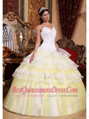 White and Light Yellow Spaghetti Straps Organza Lace Appliques Ball Gown Quinceanera Dress