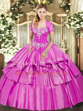Lilac Ball Gowns Organza and Taffeta Sweetheart Sleeveless Beading and Ruffled Layers Floor Length Lace Up 15th Birthday Dress