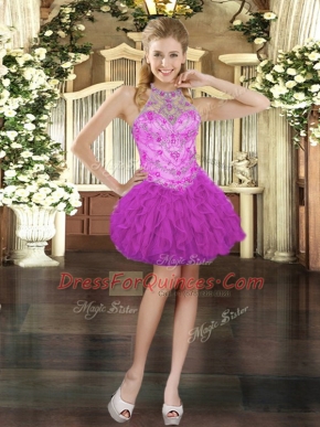 Fuchsia Ball Gowns Halter Top Sleeveless Tulle Mini Length Lace Up Beading and Ruffles Prom Dress