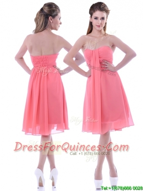 Popular Empire Chiffon Ruched Watermelon Prom Dress in Knee Length