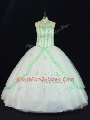 Sleeveless Tulle Floor Length Lace Up 15th Birthday Dress in White with Appliques