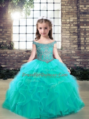 Aqua Blue Sleeveless Tulle Lace Up Child Pageant Dress for Party and Wedding Party