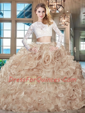 Super Champagne Two Pieces Organza Scoop Long Sleeves Beading and Lace and Ruffles Zipper Ball Gown Prom Dress Brush Train