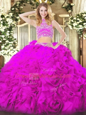 Hot Sale Fuchsia Backless High-neck Beading and Ruffles Vestidos de Quinceanera Tulle Sleeveless