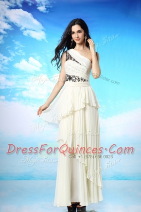 White Column/Sheath Chiffon One Shoulder Sleeveless Appliques and Ruffled Layers Ankle Length Side Zipper Dress for Prom