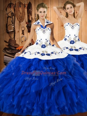 Colorful Satin and Organza Halter Top Sleeveless Lace Up Embroidery and Ruffles Quinceanera Gowns in Blue And White
