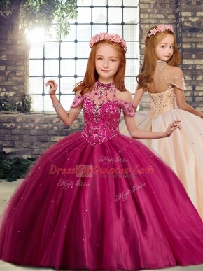 Enchanting Fuchsia Sleeveless Floor Length Beading Lace Up Little Girls Pageant Dress