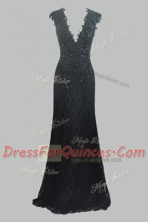 Stylish Lace Cap Sleeves Floor Length Prom Dresses and Beading and Lace