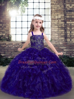 Hot Sale Purple Organza Lace Up Straps Sleeveless Floor Length Little Girl Pageant Dress Beading and Ruffles