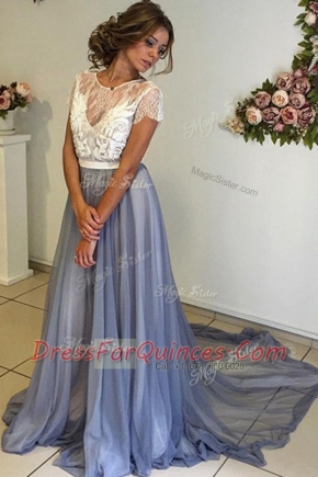 Scoop Cap Sleeves Lace and Bowknot Backless Prom Party Dress with Grey Court Train