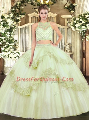 Sleeveless Tulle Floor Length Zipper Ball Gown Prom Dress in Yellow Green with Beading and Appliques