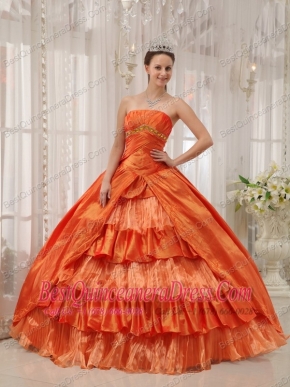 Orange Ball Gown Strapless Floor-length Taffeta Ruffles Quinceanera Dress