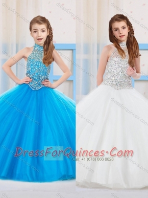 Fashionable Ball Gown Halter Floor-length Tulle Beaded Mini Quinceanera Dress