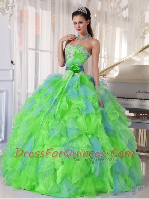 Ball Gown Spring Green and Blue Organza Sweetheart Appliques and Ruffles Discount Quinceanera Dresses