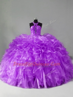 Flare Purple Organza Zipper Halter Top Sleeveless Vestidos de Quinceanera Brush Train Beading and Ruffles