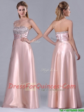 Fashionable Strapless Peach Long Dama Dress with Beaded Bodice