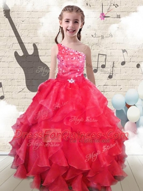 Custom Designed One Shoulder Red Lace Up Little Girl Pageant Dress Beading and Ruffles Sleeveless Floor Length