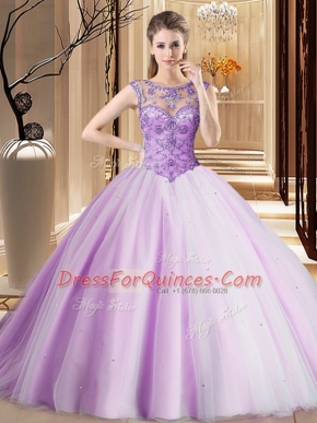 Fitting Brush Train Ball Gowns Quinceanera Gowns Lavender Scoop Tulle Sleeveless Lace Up
