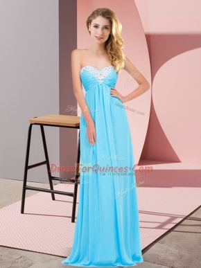 Attractive Aqua Blue Lace Up Sweetheart Ruching Evening Dress Chiffon Sleeveless