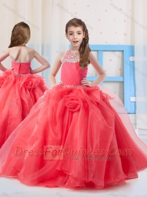 Pretty Halter Organza Beading Little Girl Pageant Dress in Coral Red