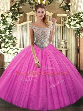 Beauteous Hot Pink 15th Birthday Dress Sweet 16 and Quinceanera with Beading Off The Shoulder Sleeveless Lace Up